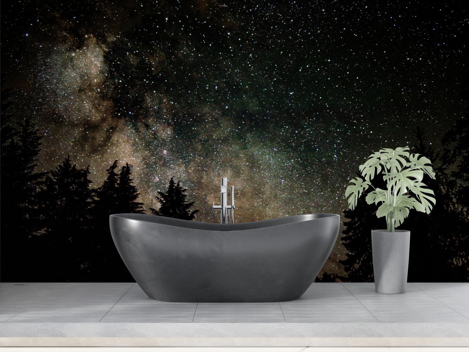 Fototapeten Wald in der Nacht und ein Sternenhimmel