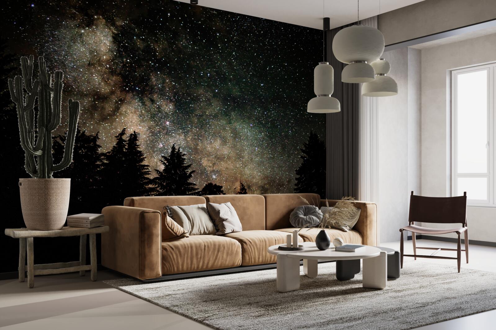 Fototapeten Wald in der Nacht und ein Sternenhimmel