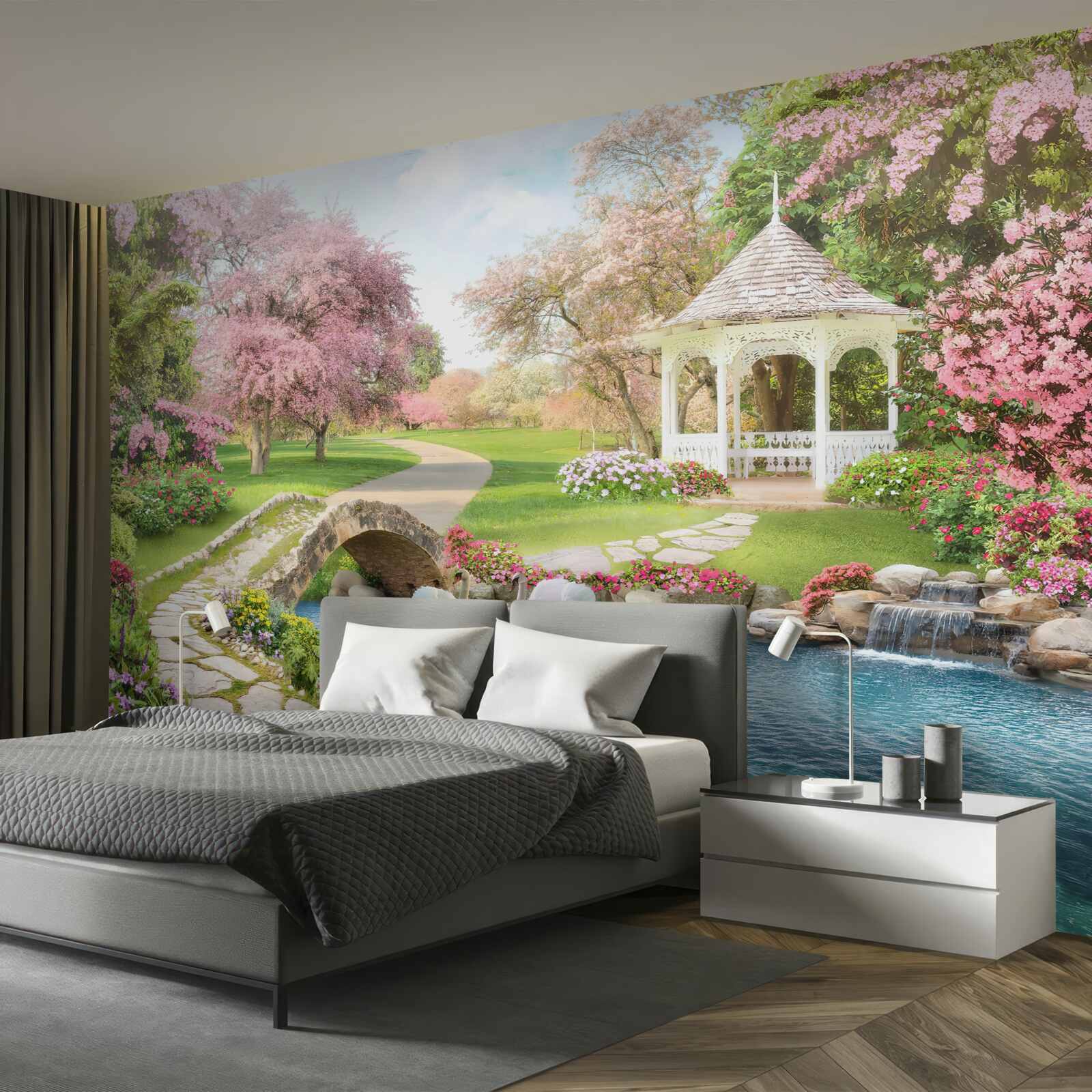 Fototapeten Pavillon in der Nähe des Sees mit Schwänen