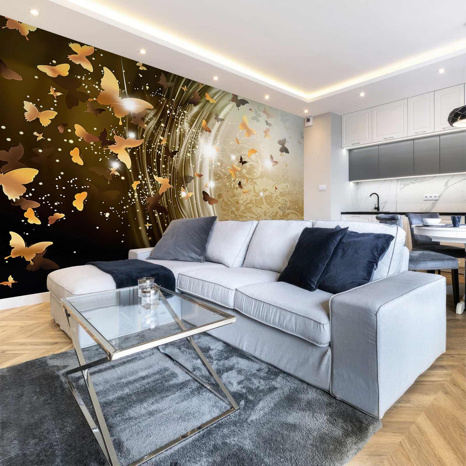 Fototapeten Goldener Hintergrund mit Schmetterlingen