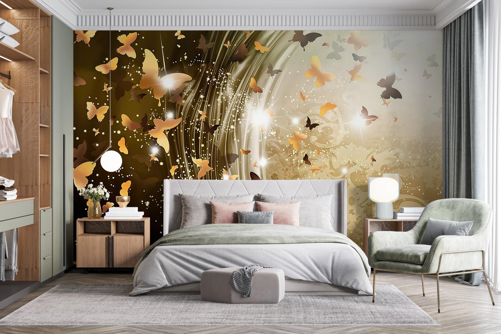 Fototapeten Goldener Hintergrund mit Schmetterlingen