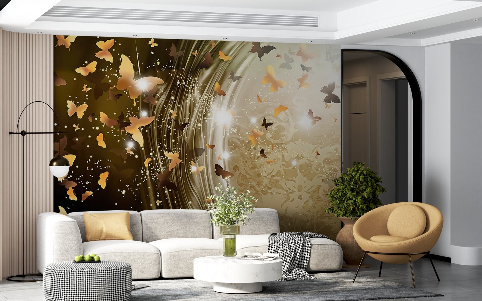 Fototapeten Goldener Hintergrund mit Schmetterlingen