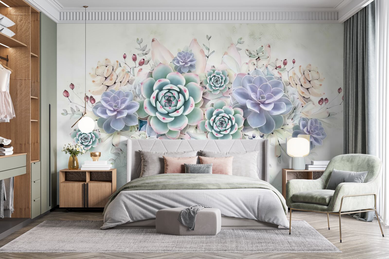 Fototapeten Es gibt blaue Blumen auf einem hellen Hintergrund