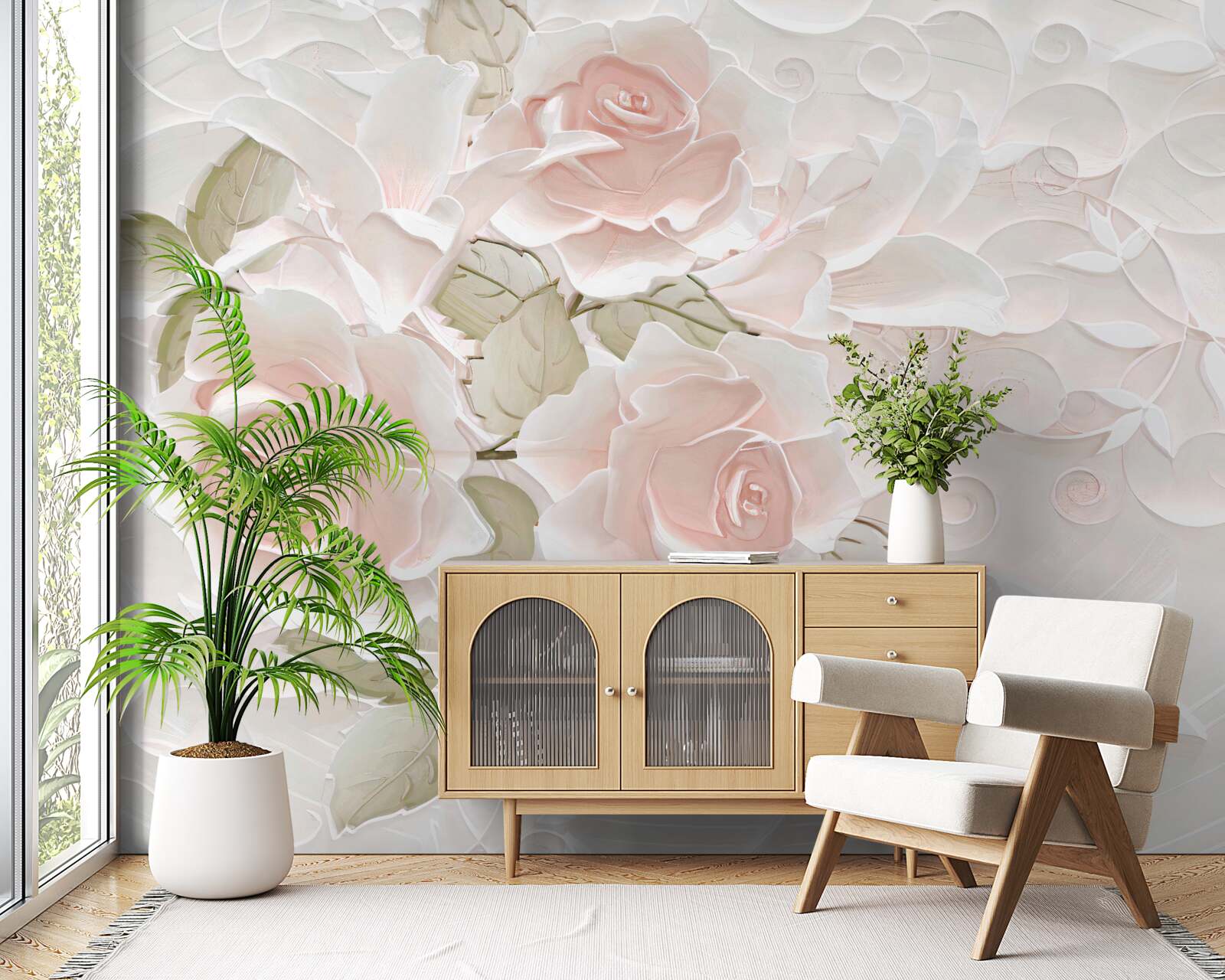 Fototapeten blasse Rosen an einer blassen Wand