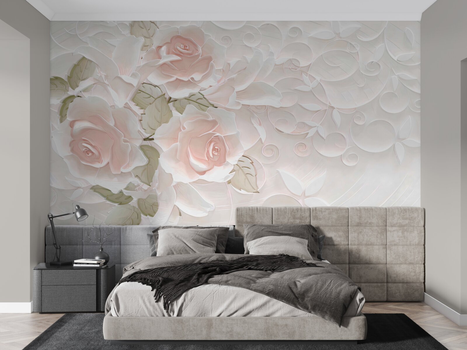 Fototapeten blasse Rosen an einer blassen Wand