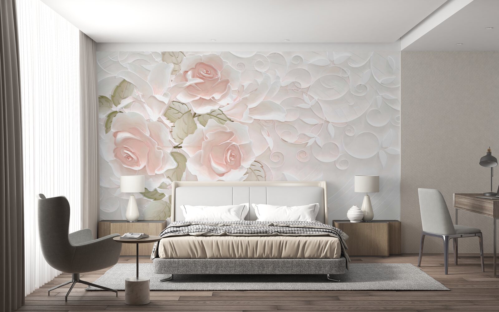 Fototapeten blasse Rosen an einer blassen Wand