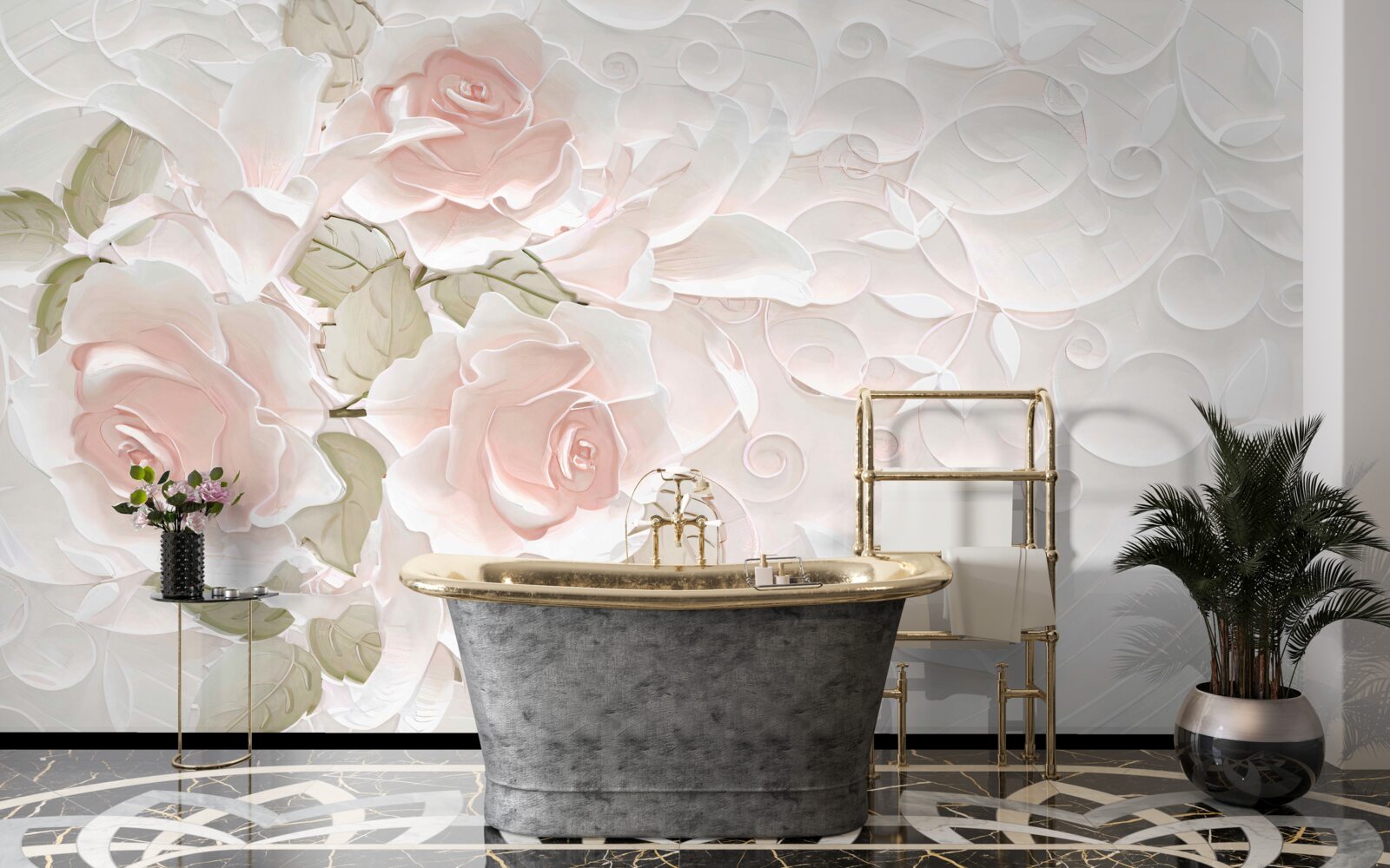 Fototapeten blasse Rosen an einer blassen Wand