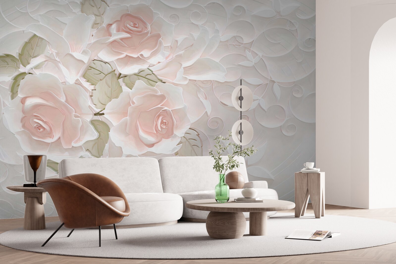 Fototapeten blasse Rosen an einer blassen Wand