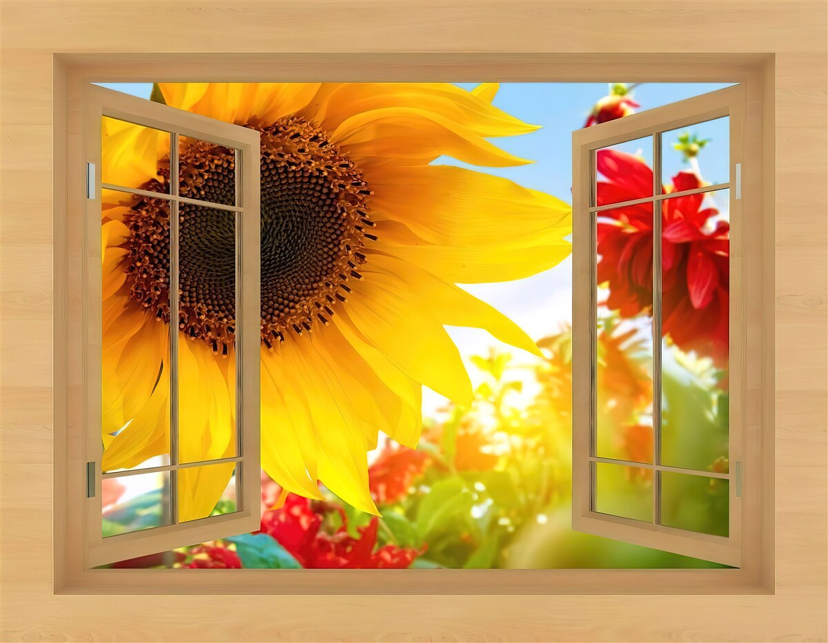 Fototapeten Große Blüten schauen aus dem Fenster