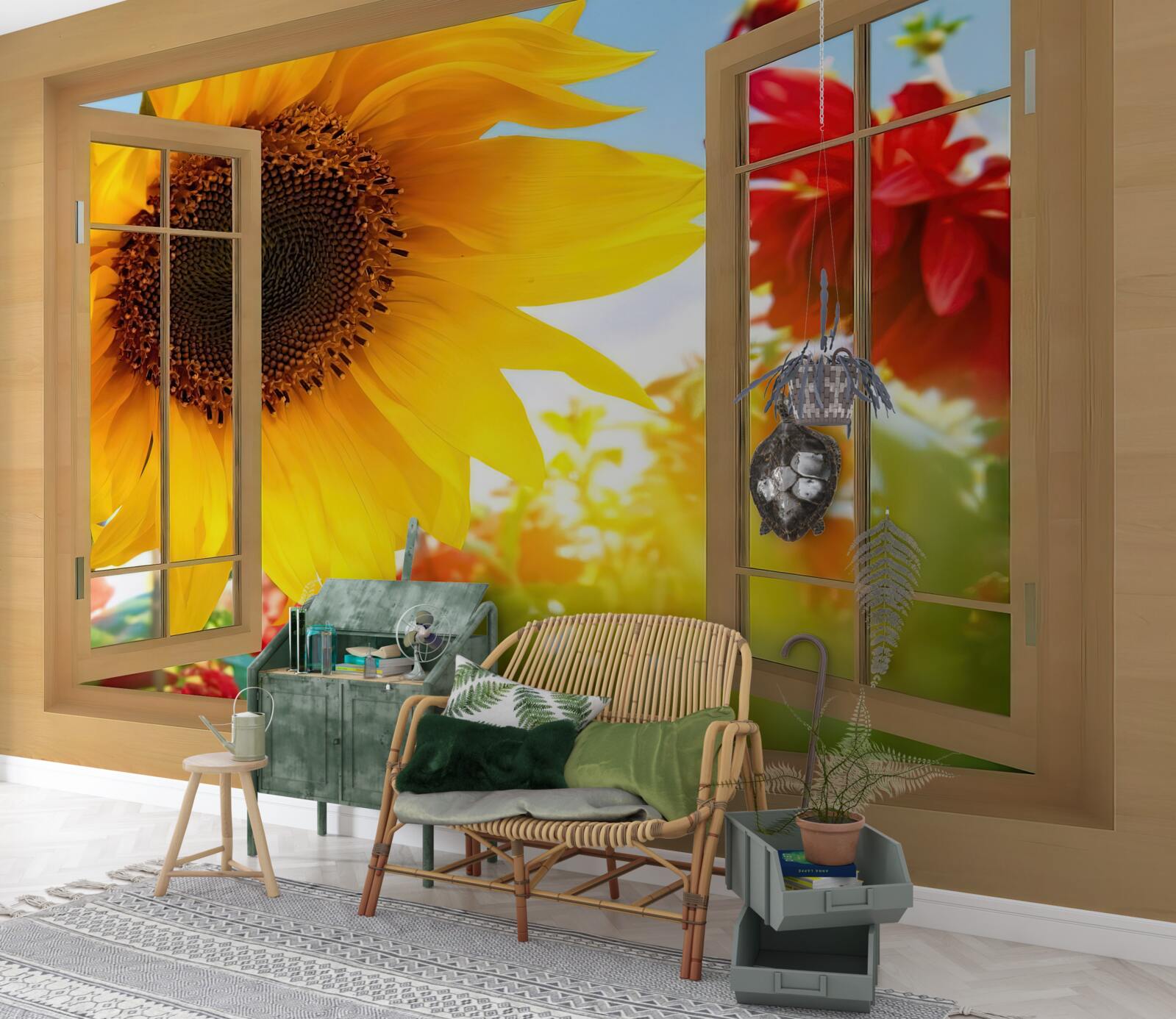 Fototapeten Große Blüten schauen aus dem Fenster