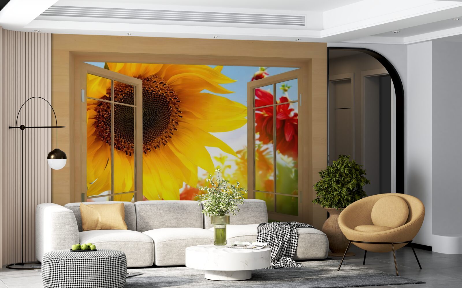 Fototapeten Große Blüten schauen aus dem Fenster