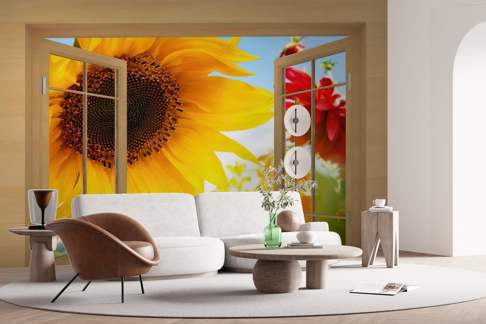 Fototapeten Große Blüten schauen aus dem Fenster