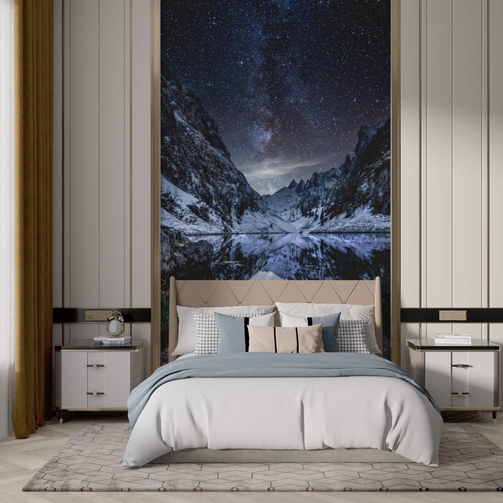 Fototapeten Stary Sky in der Nacht auf den Bergen und am Fluss