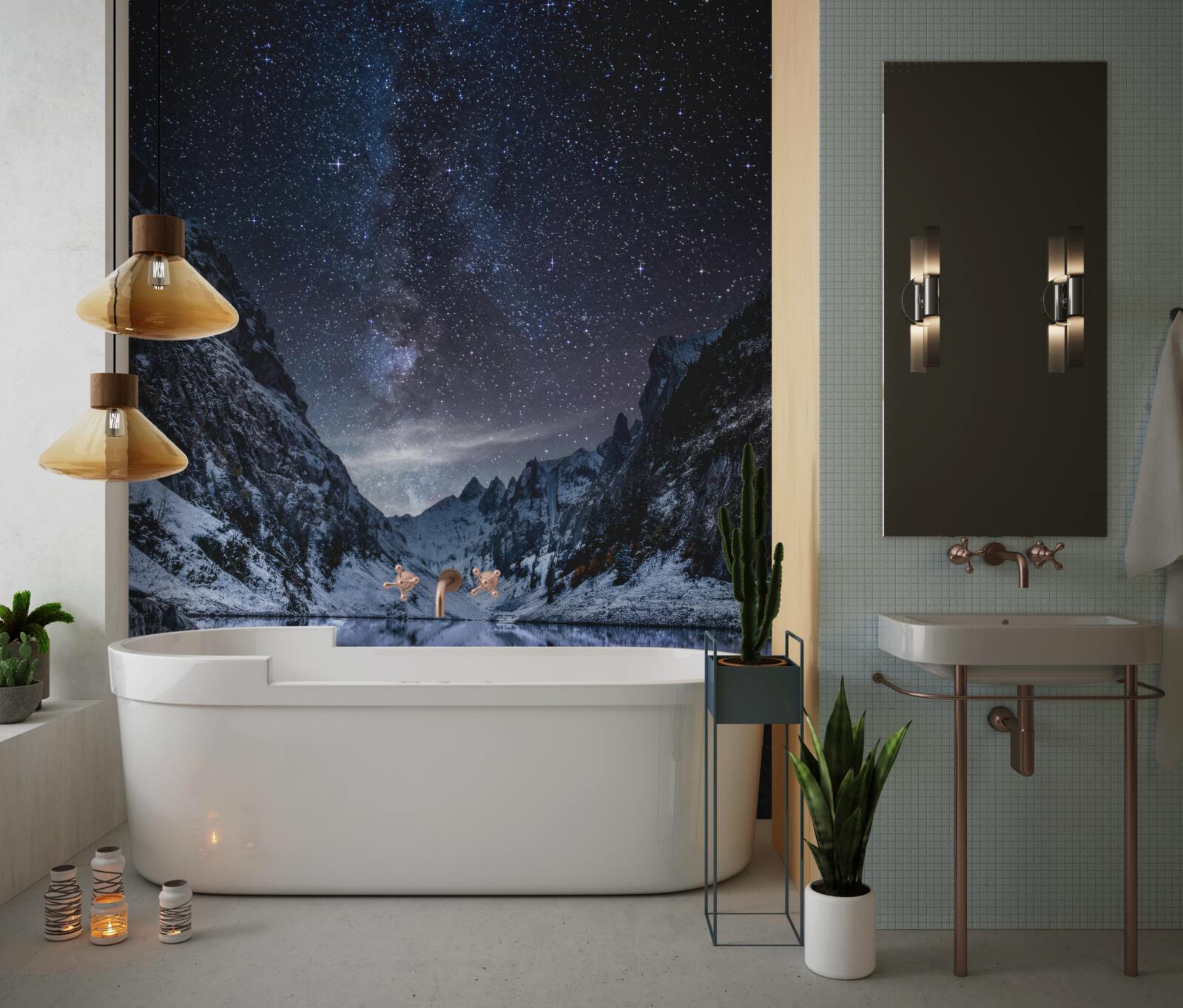 Fototapeten Stary Sky in der Nacht auf den Bergen und am Fluss