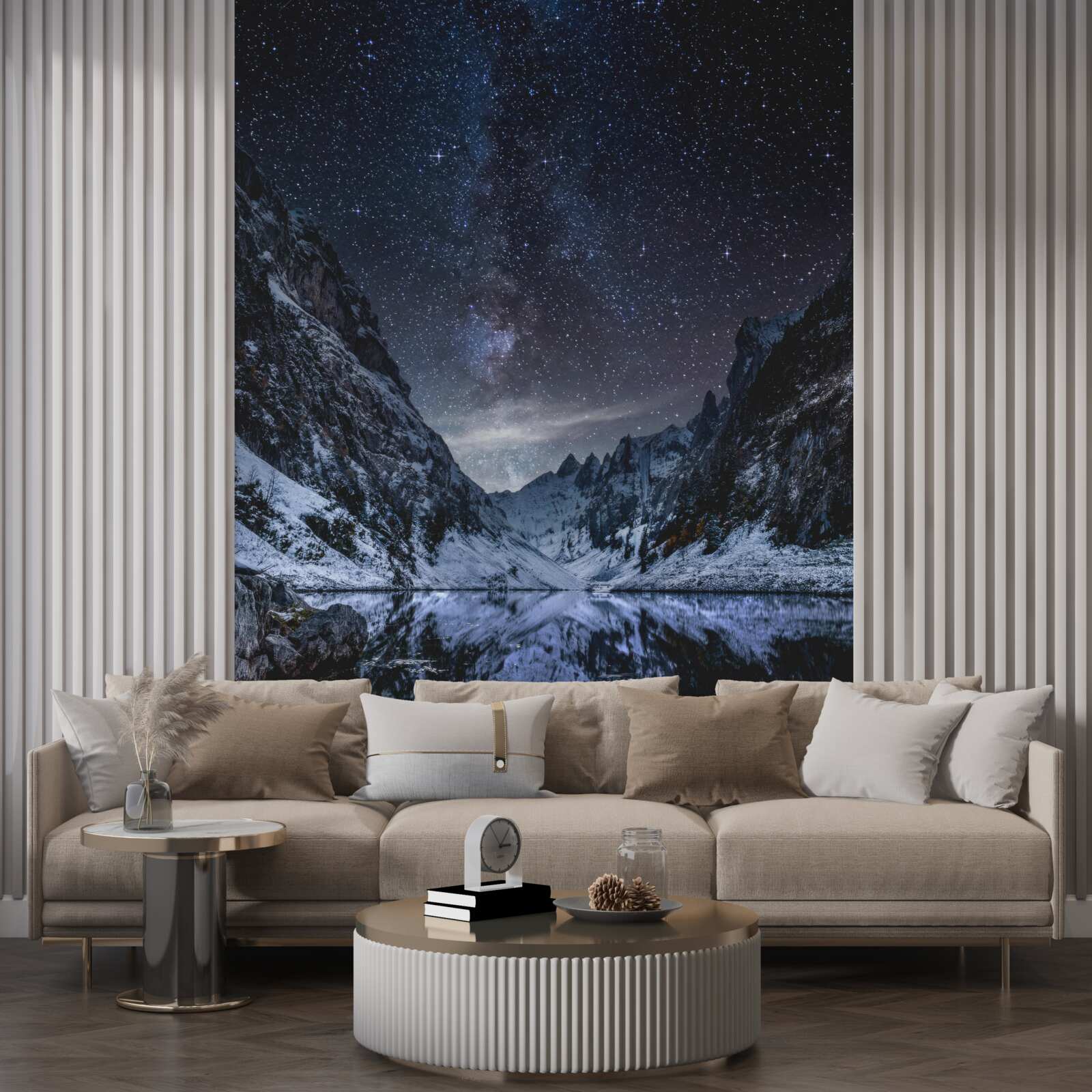 Fototapeten Stary Sky in der Nacht auf den Bergen und am Fluss