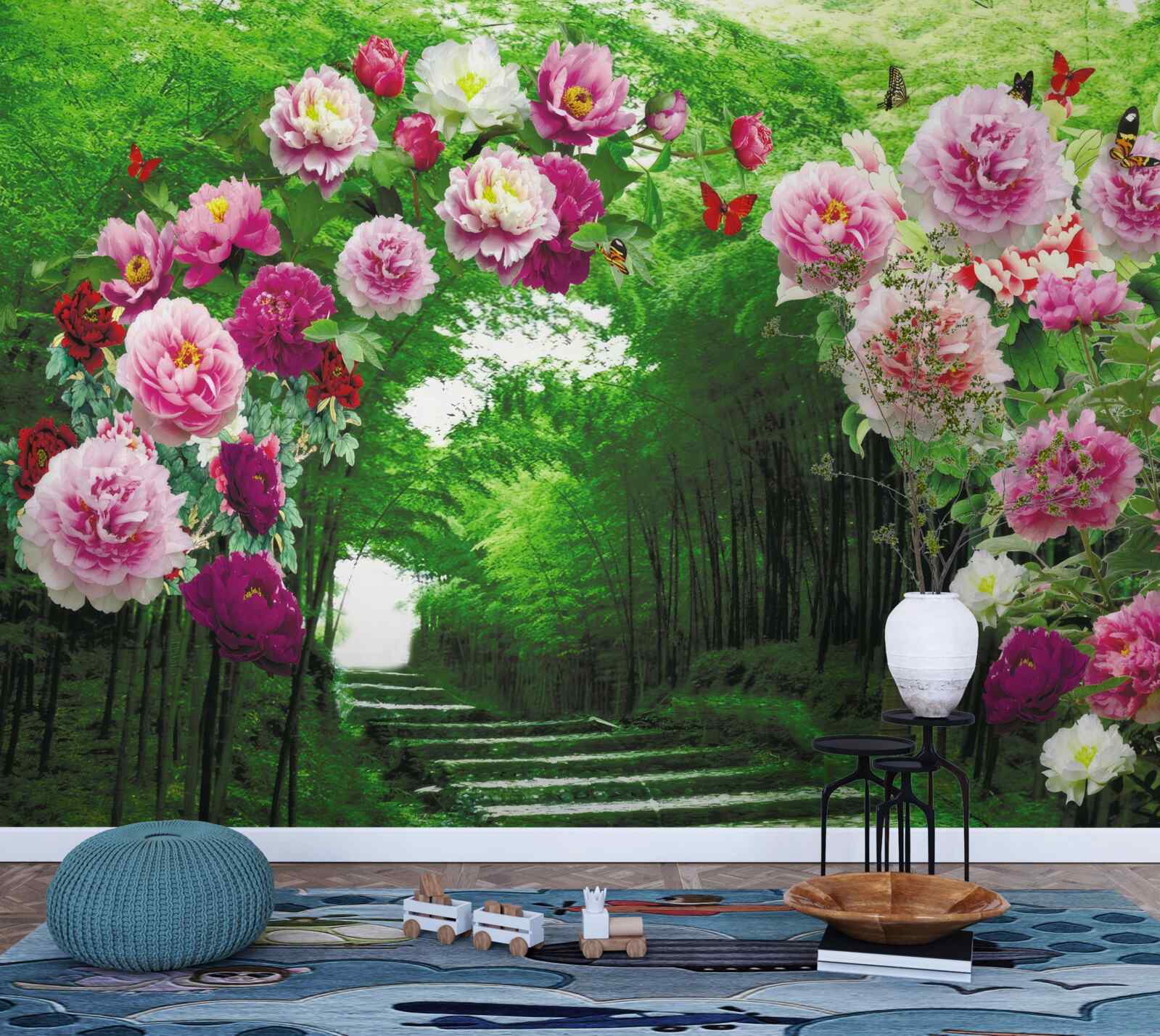 Fototapeten Rosa Blumen am Eingang zum Wald