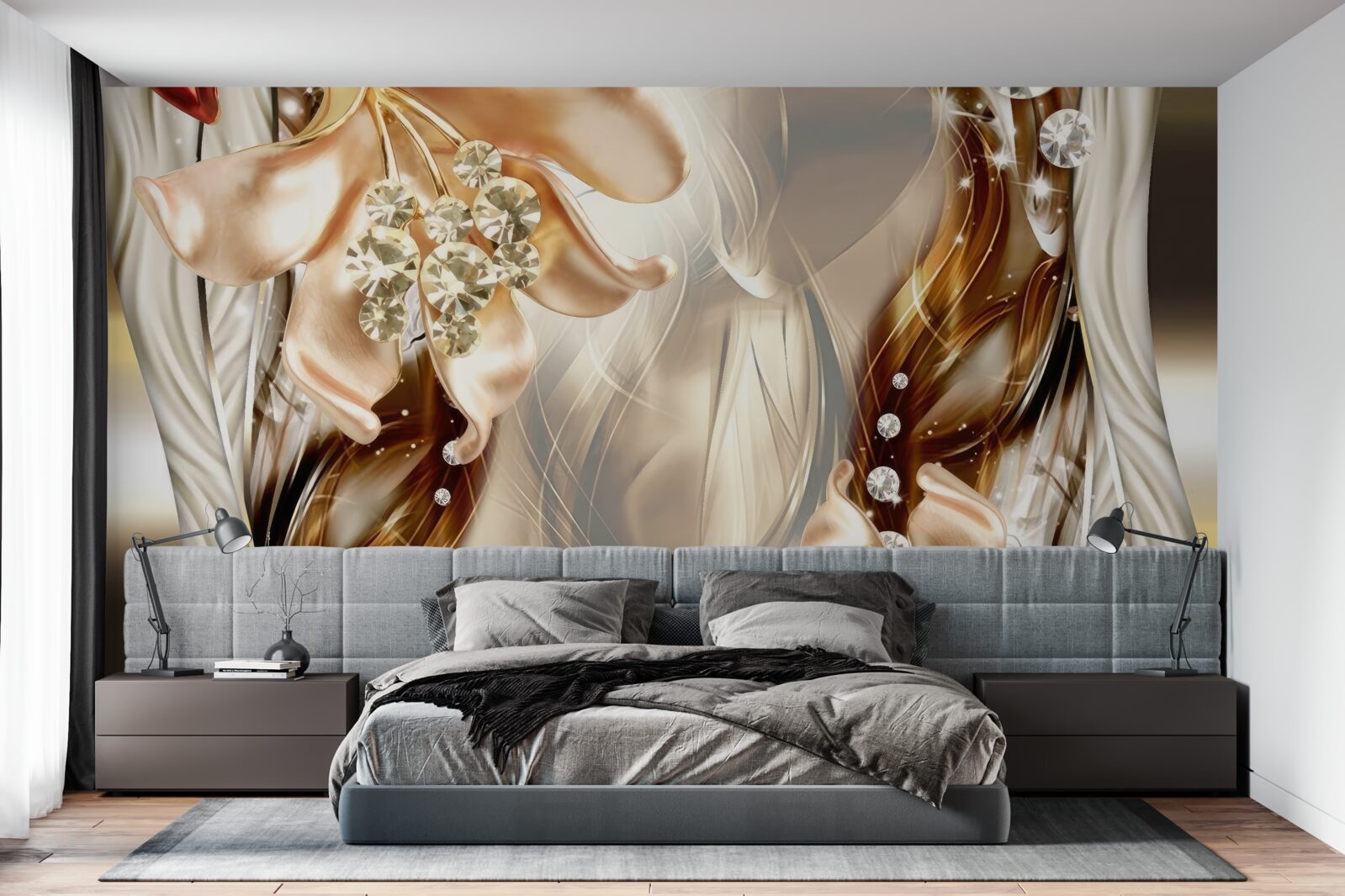 Fototapeten Goldene Blumen mit Steindekorationen
