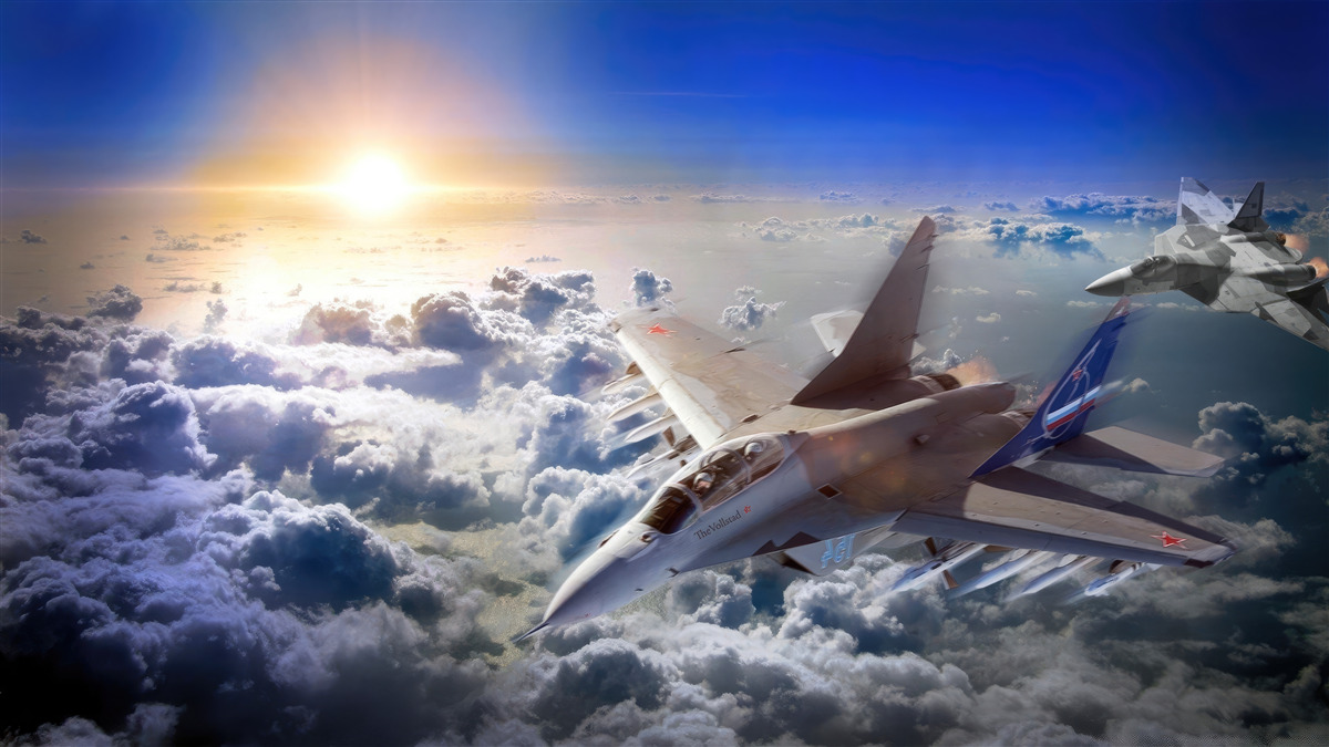 Fototapeten Kämpferflugzeuge fliegen durch die Wolken