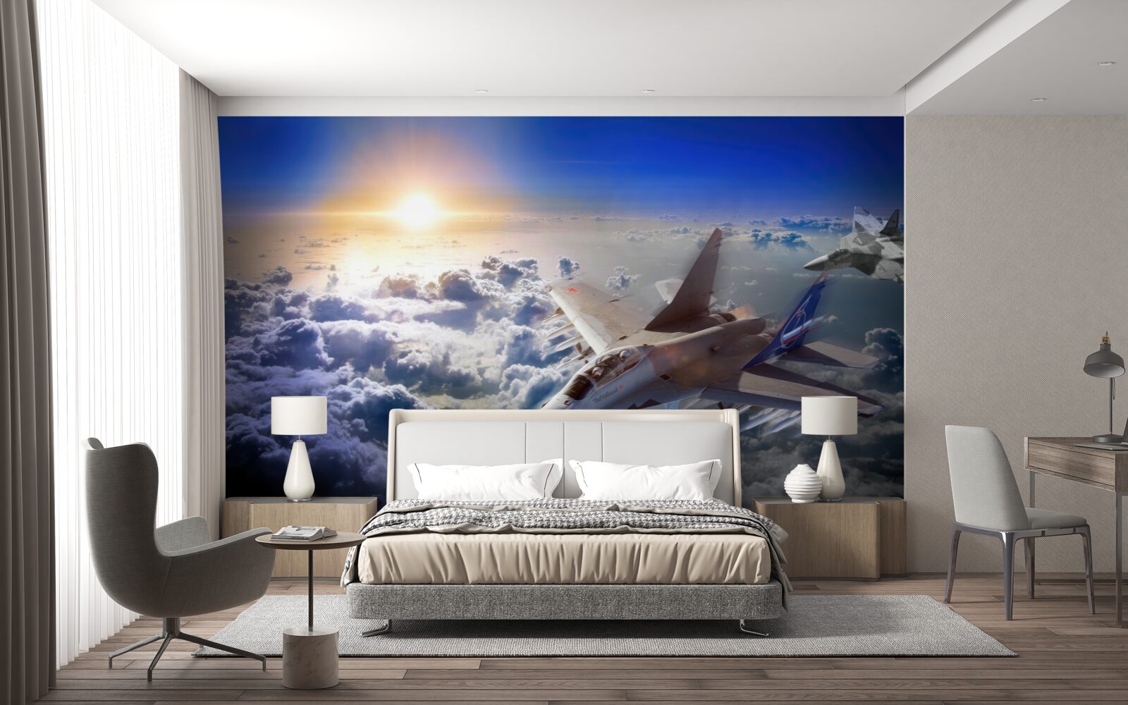 Fototapeten Kämpferflugzeuge fliegen durch die Wolken
