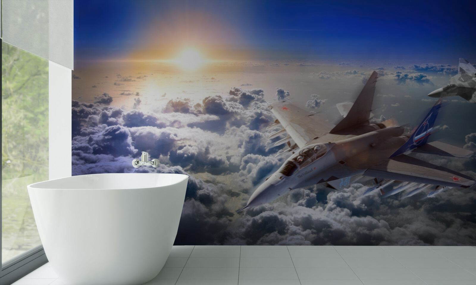 Fototapeten Kämpferflugzeuge fliegen durch die Wolken