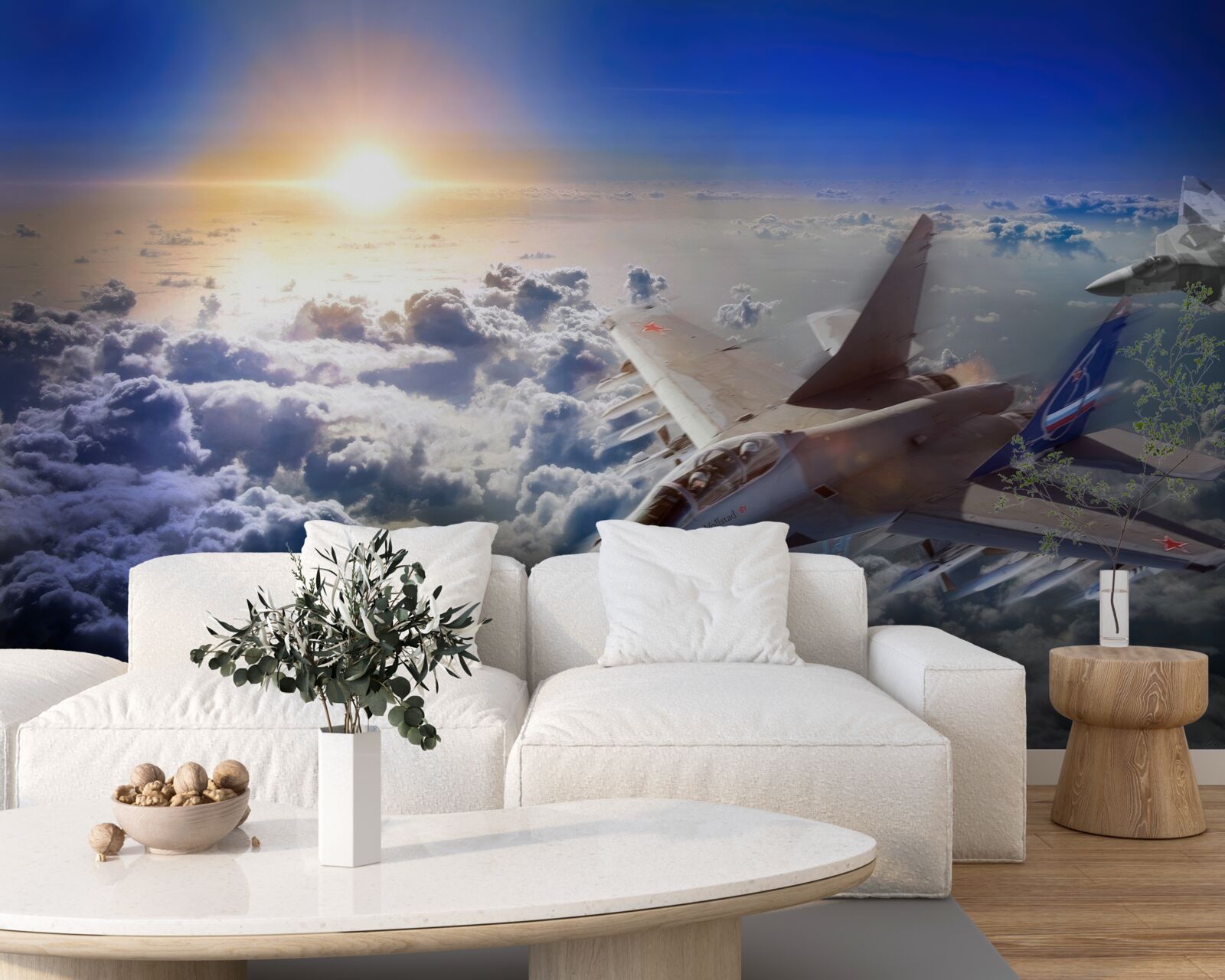 Fototapeten Kämpferflugzeuge fliegen durch die Wolken