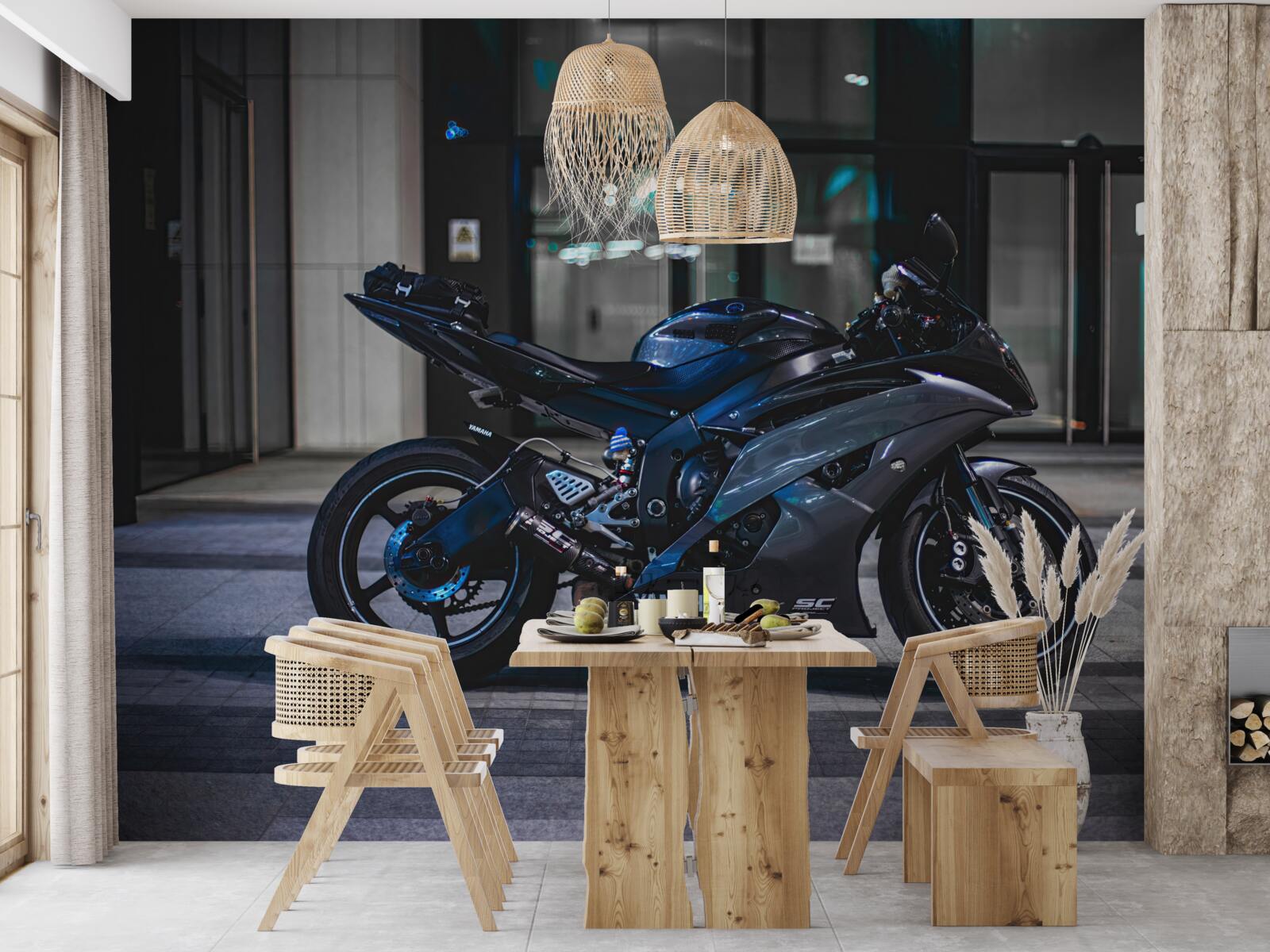 Fototapeten Ein dunkelblaues Motorrad auf dem Parkplatz übrig