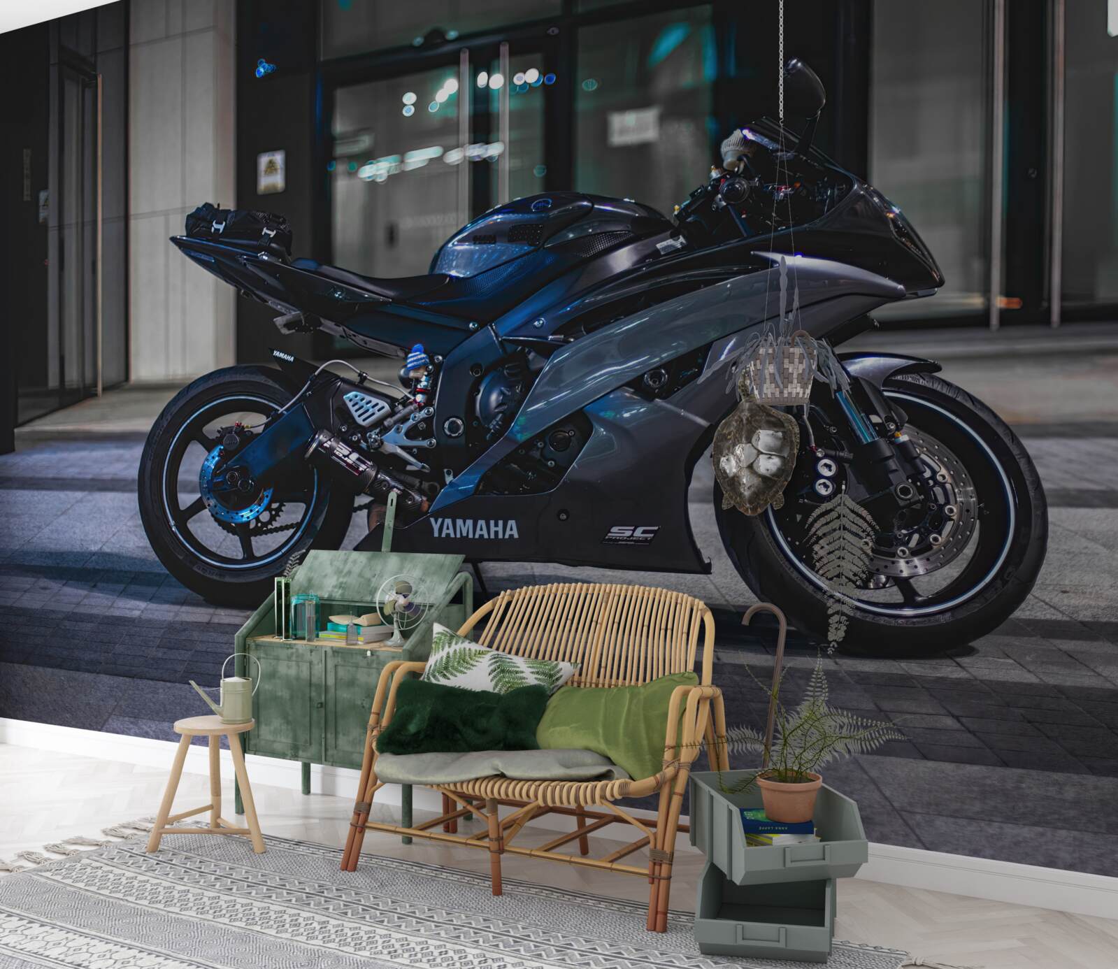 Fototapeten Ein dunkelblaues Motorrad auf dem Parkplatz übrig