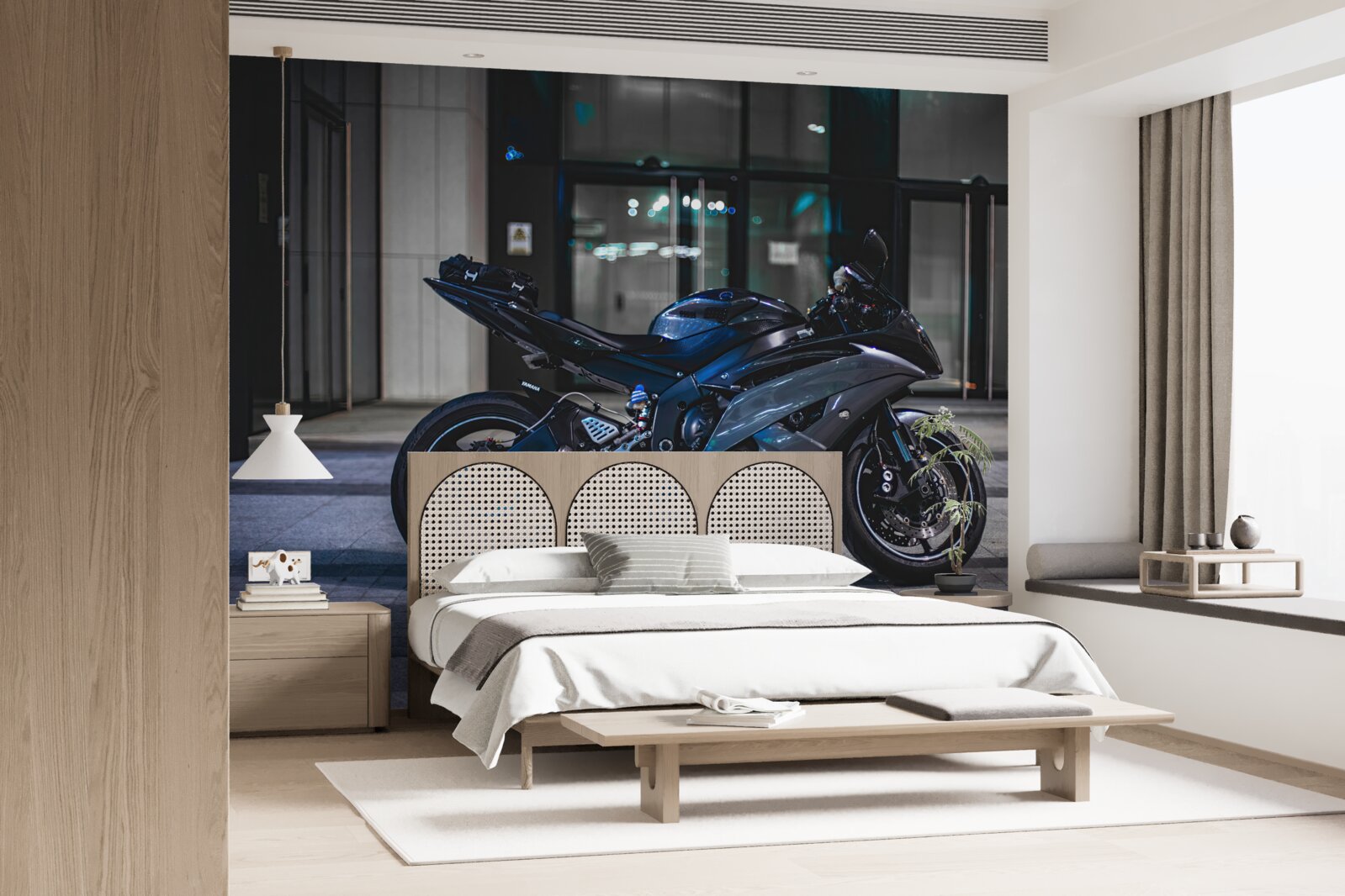Fototapeten Ein dunkelblaues Motorrad auf dem Parkplatz übrig