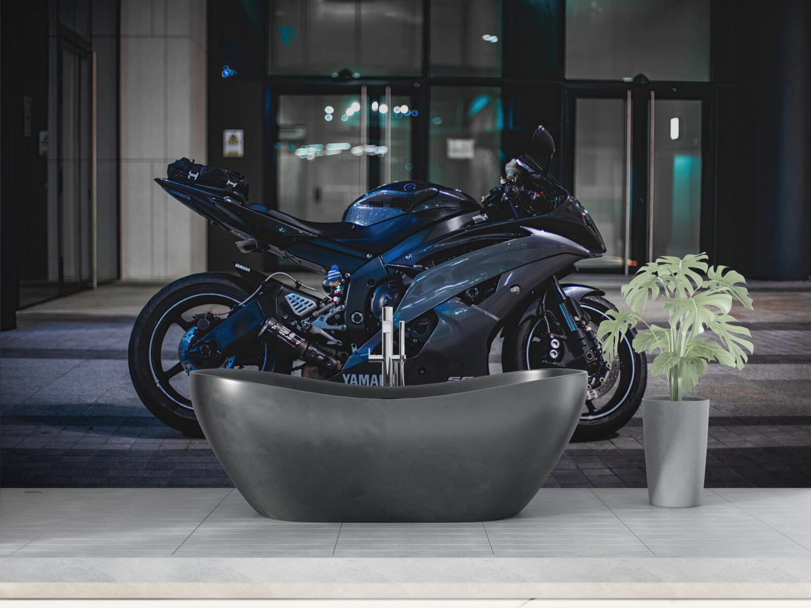 Fototapeten Ein dunkelblaues Motorrad auf dem Parkplatz übrig