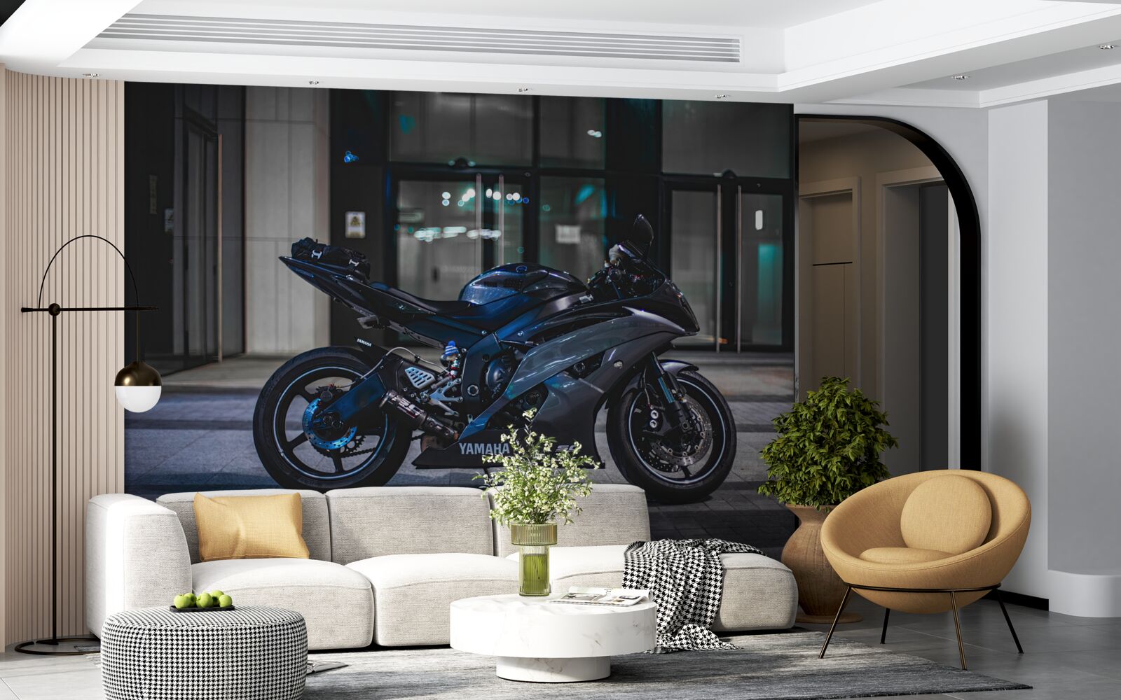 Fototapeten Ein dunkelblaues Motorrad auf dem Parkplatz übrig