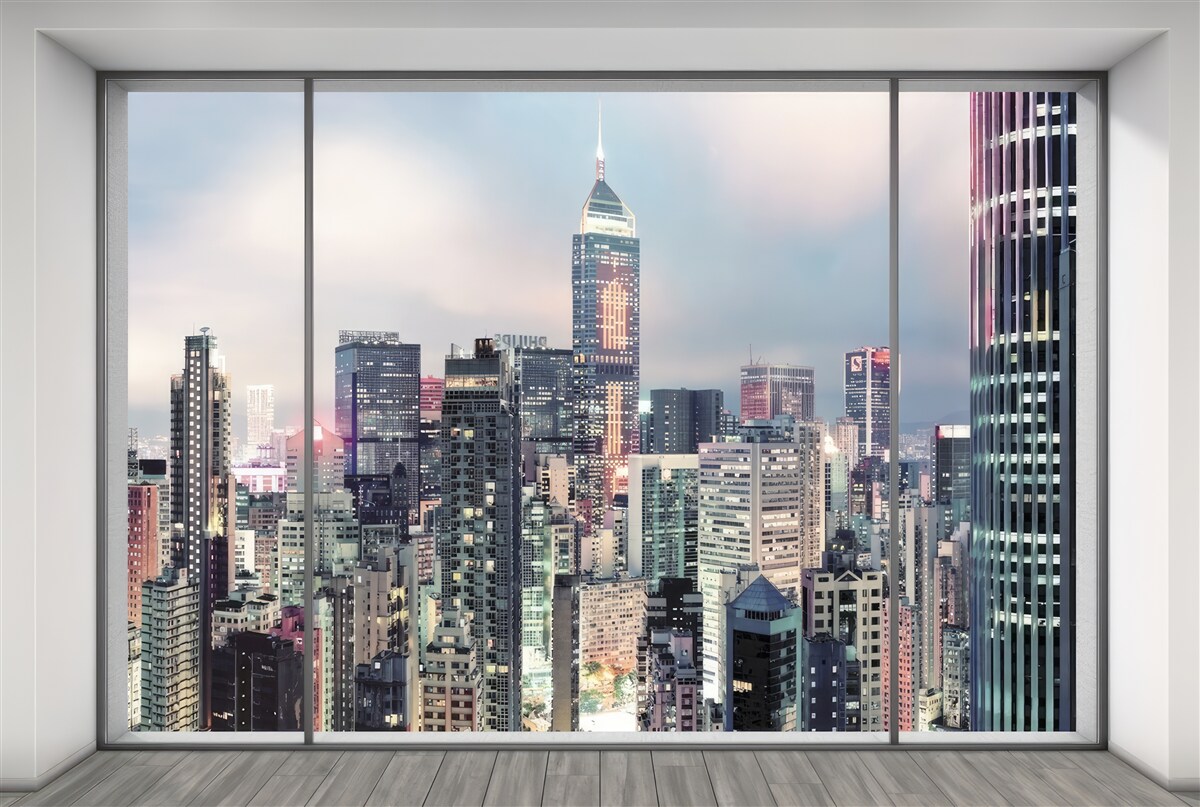 Fototapeten Abendlandschaft einer Stadtöffnung aus dem Fenster