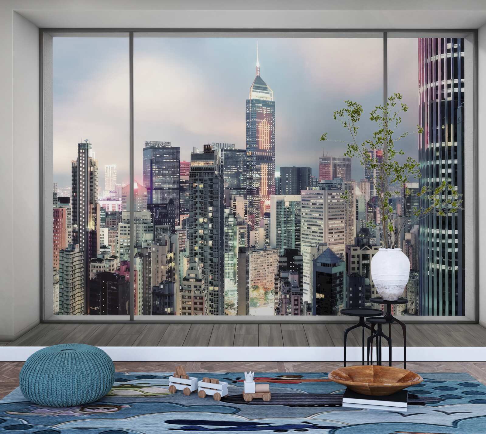 Fototapeten Abendlandschaft einer Stadtöffnung aus dem Fenster