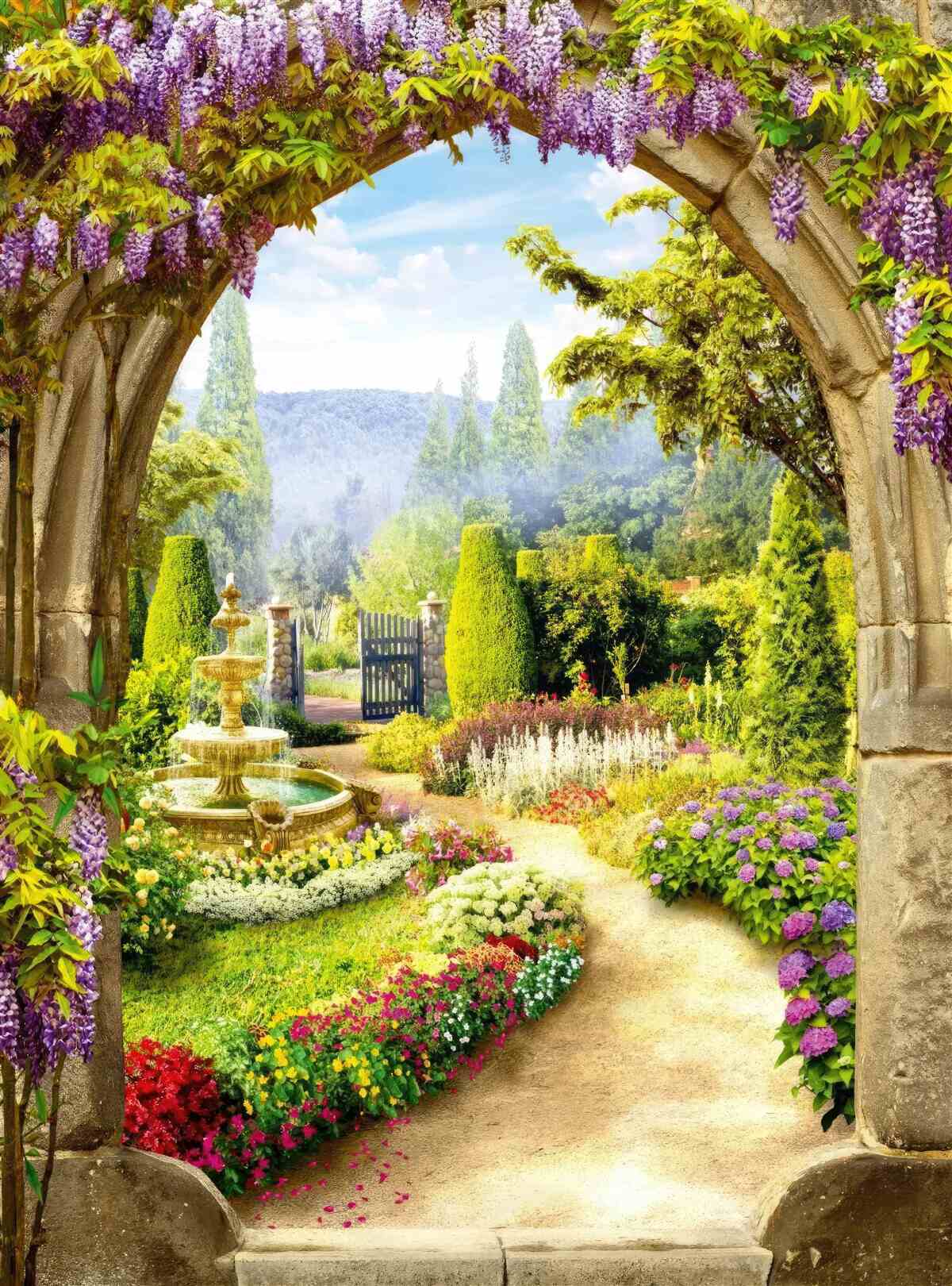 Fototapeten Ein wunderbarer, blühender Garten mit einem Brunnen