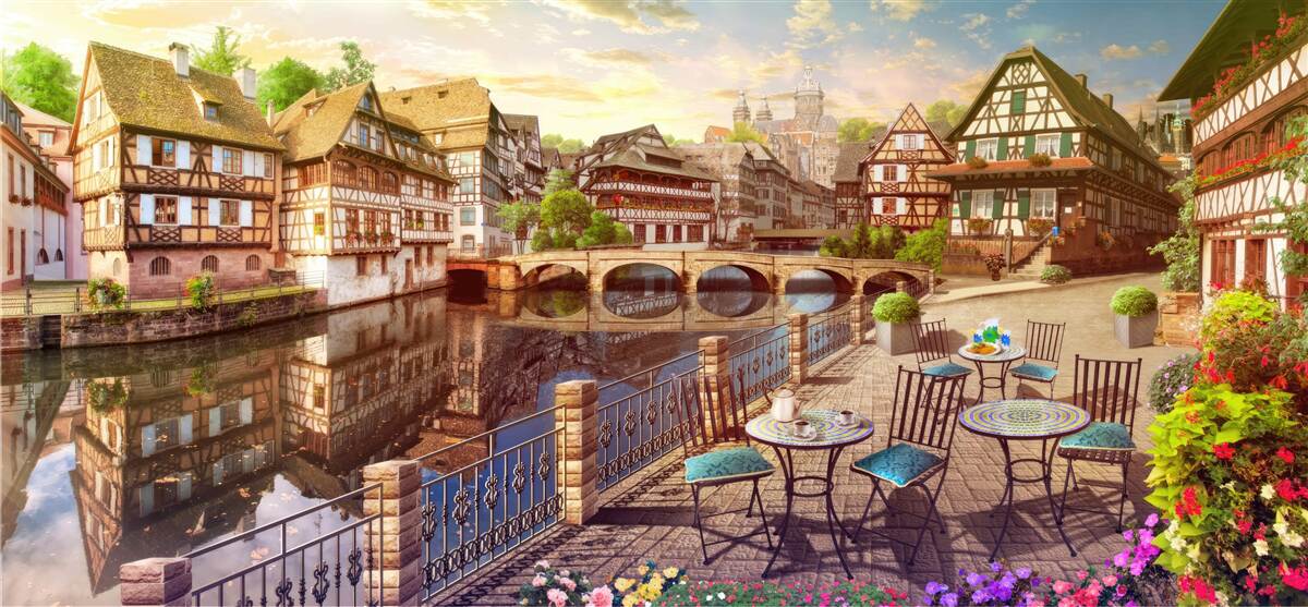 Fototapeten Tische von Wasser im historischen Teil der Stadt