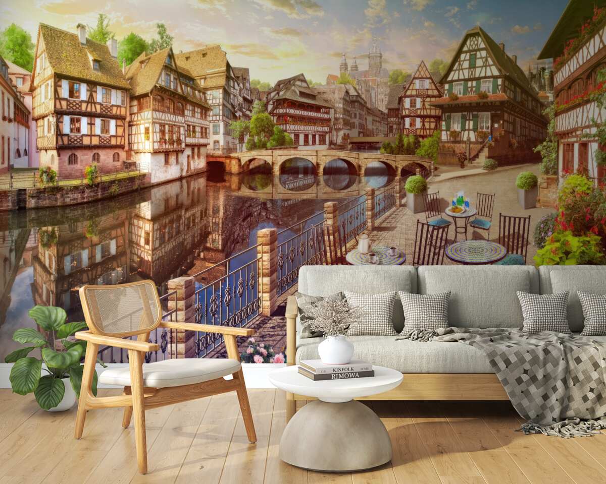 Fototapeten Tische von Wasser im historischen Teil der Stadt
