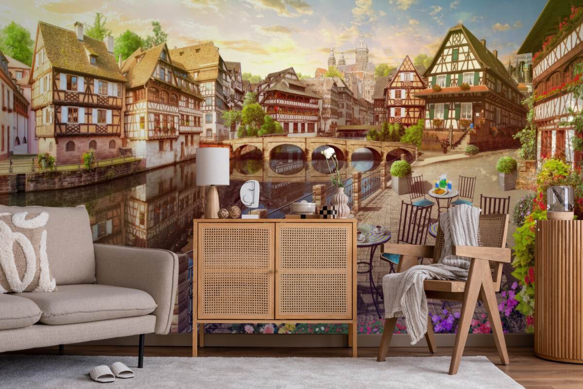 Fototapeten Tische von Wasser im historischen Teil der Stadt