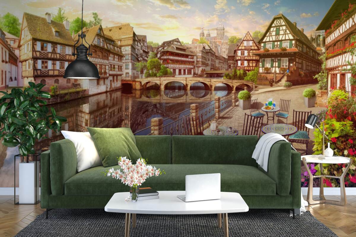 Fototapeten Tische von Wasser im historischen Teil der Stadt