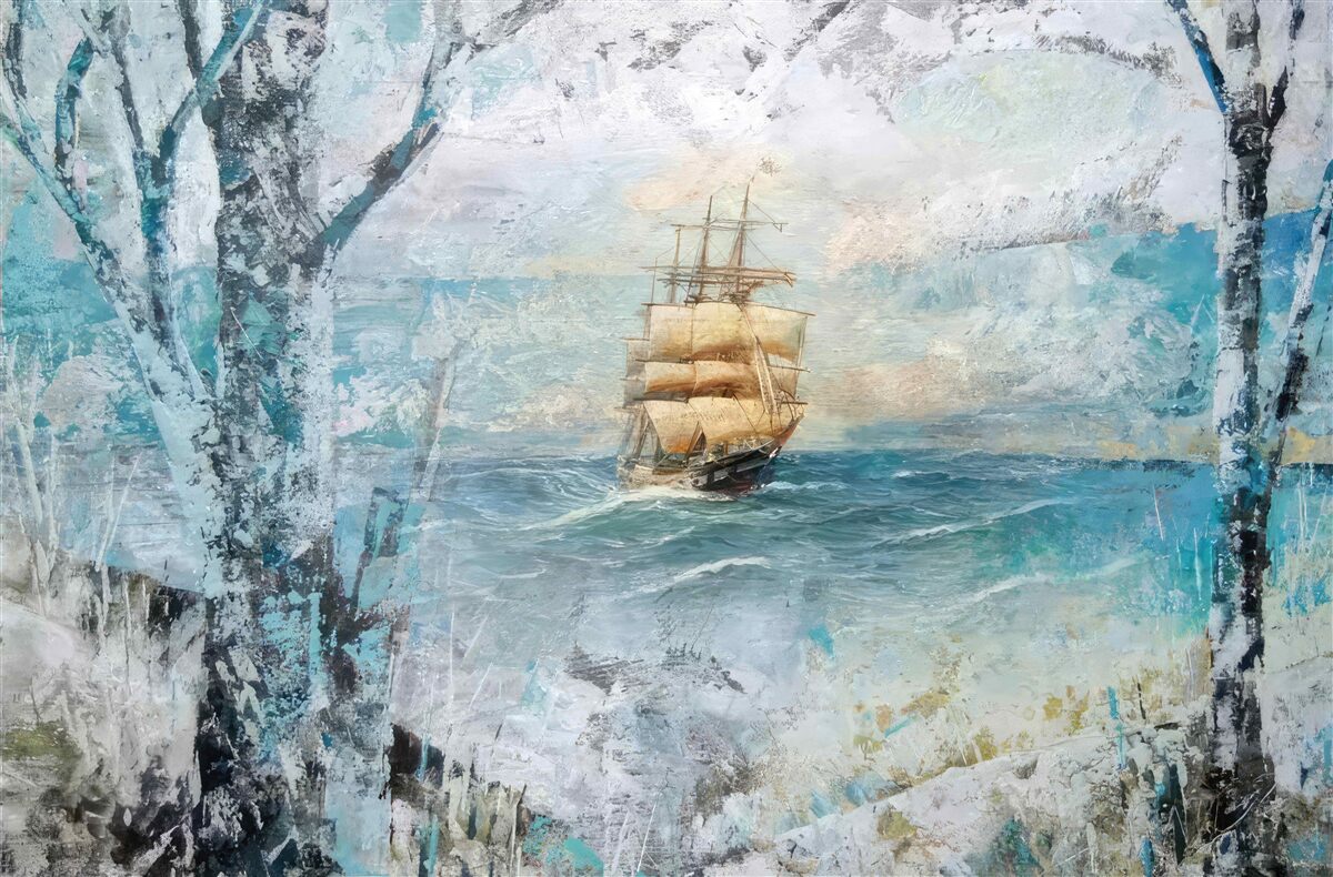 Fototapeten Bild des Schiffes unter den Segeln im Meer