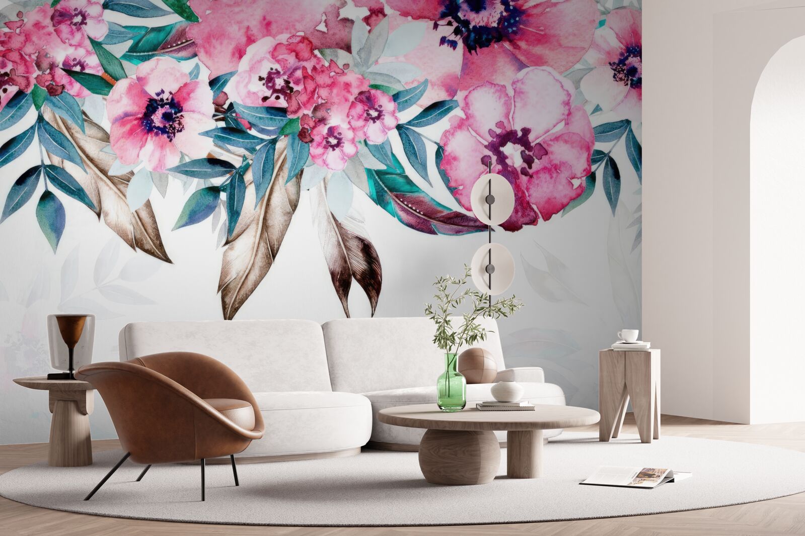 Fototapeten Die Blüten sind dunkelrosa mit grünen Blättern