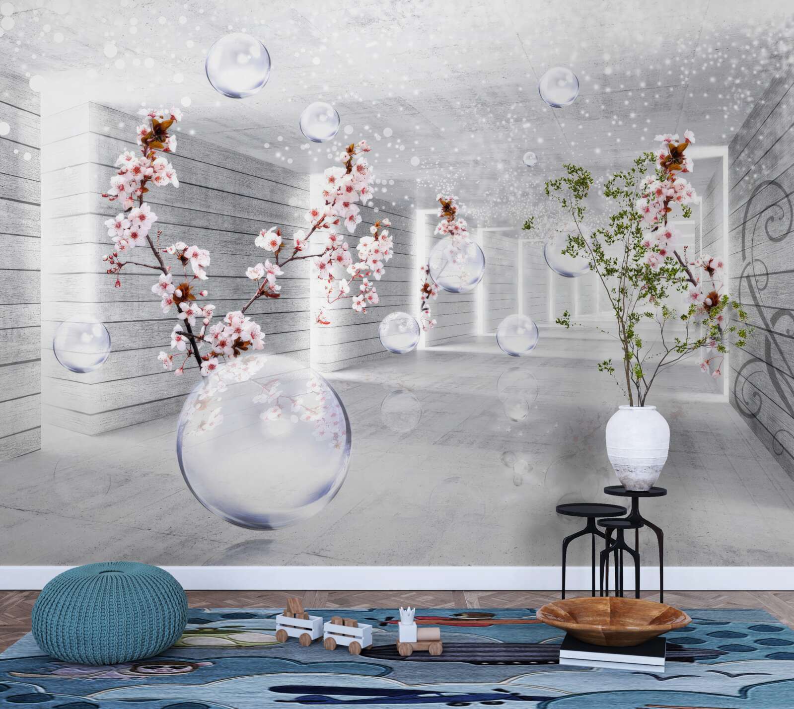 Fototapeten Ball aus transparentem Material und Blüten im Korridor platziert