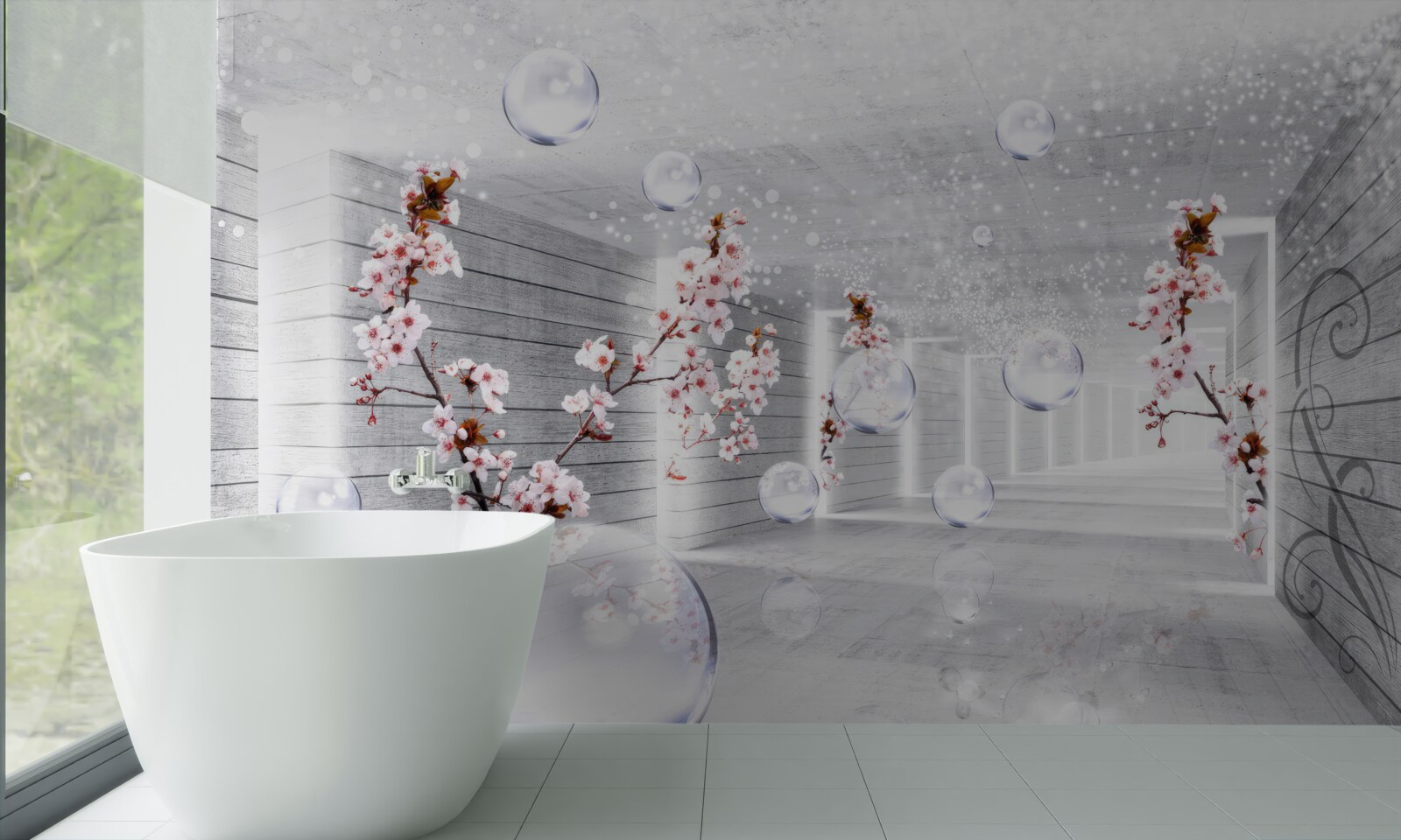 Fototapeten Ball aus transparentem Material und Blüten im Korridor platziert