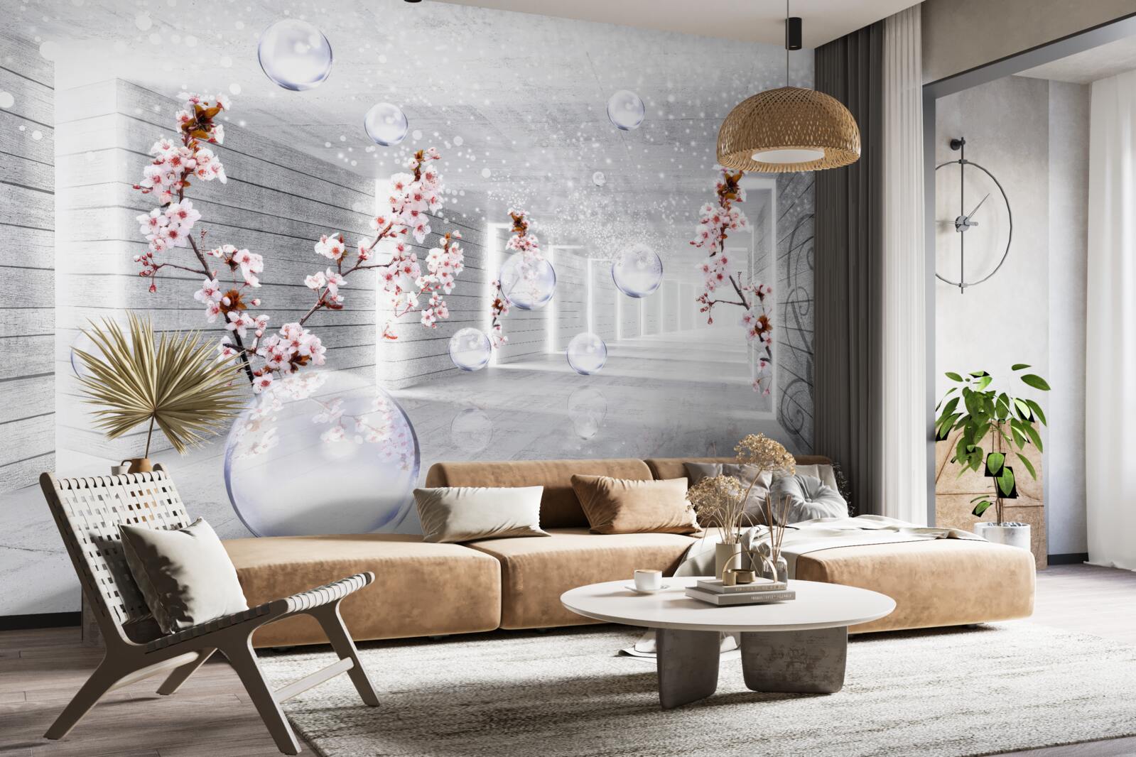 Fototapeten Ball aus transparentem Material und Blüten im Korridor platziert