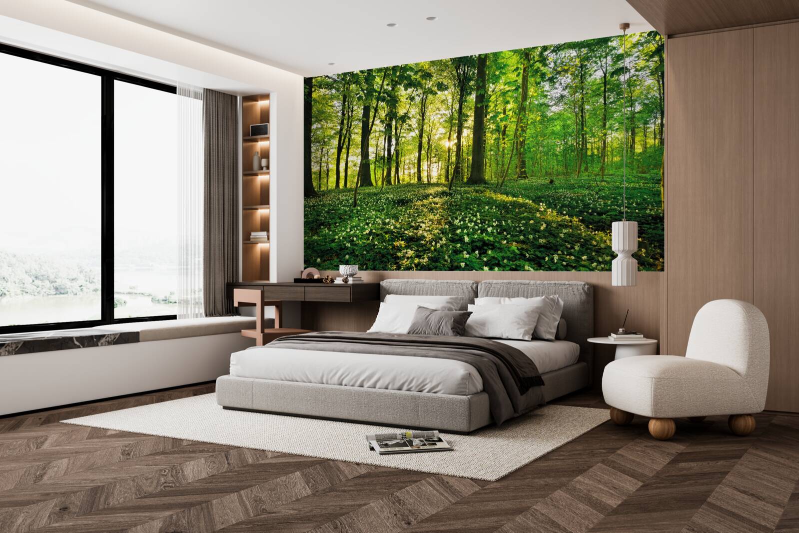 Fototapeten Glade in einem Wald mit Blumen bedeckt