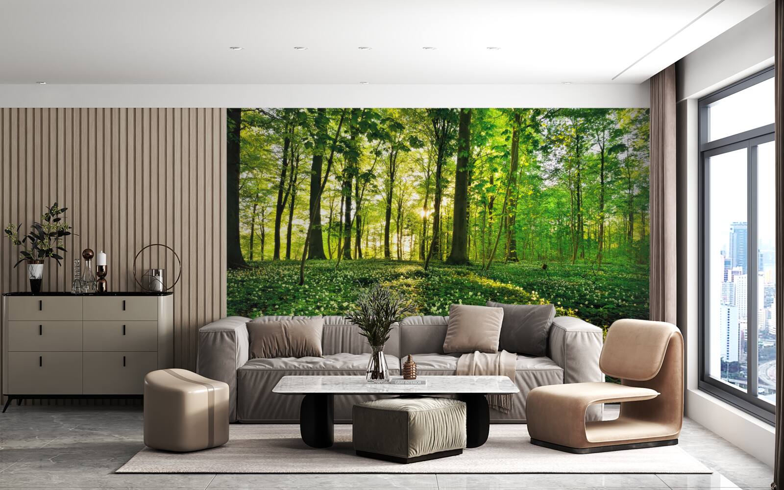 Fototapeten Glade in einem Wald mit Blumen bedeckt