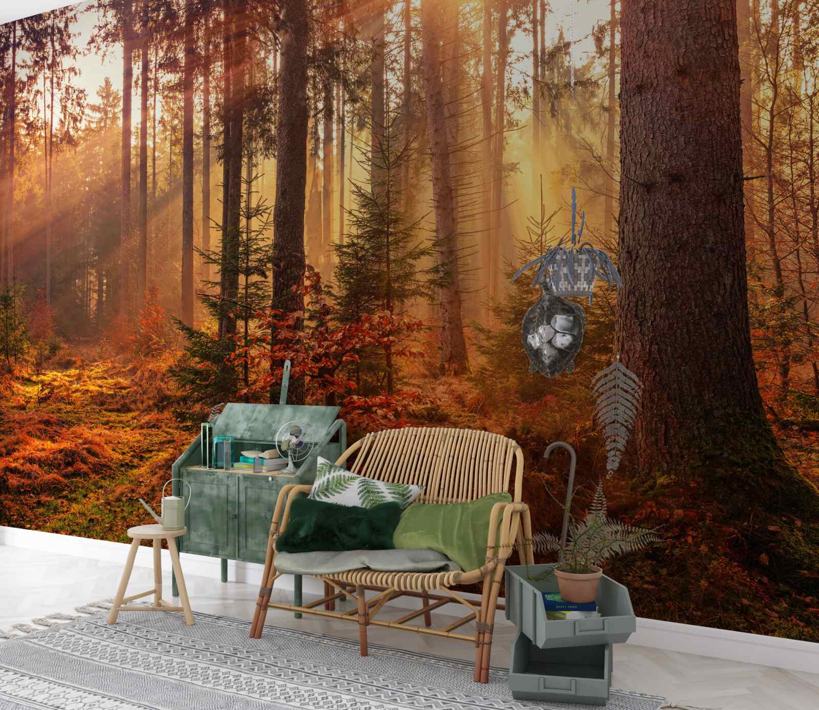 Fototapeten Die Sonnenstrahlen durchdringen durch den Herbstwald