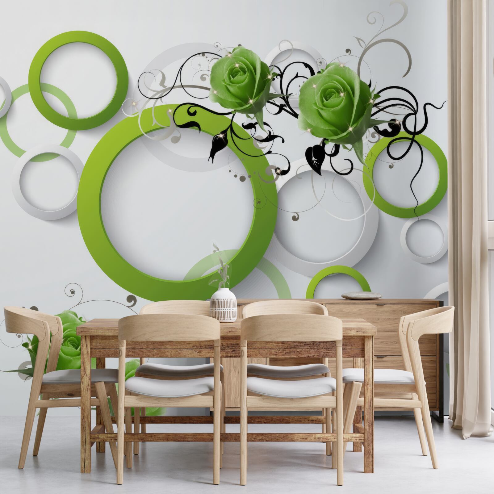 Fototapeten grüne Räder und Rosen