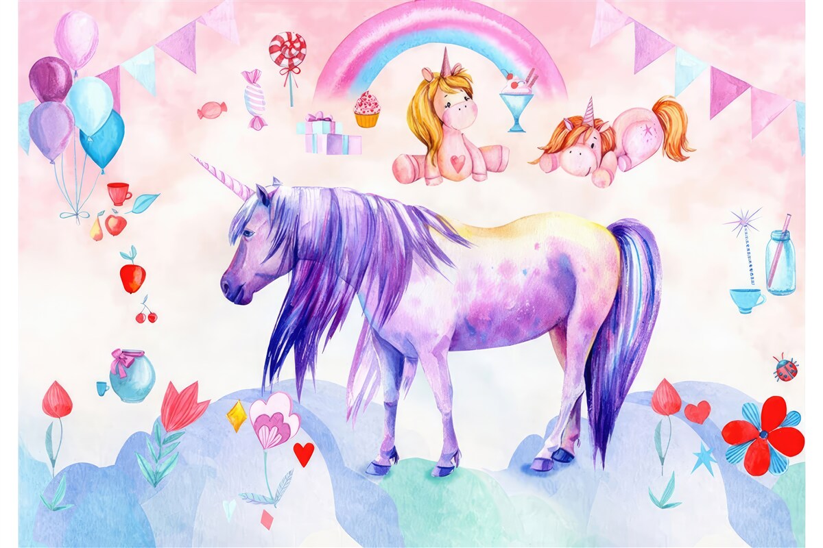 Fototapeten Einhörner umgeben von Regenbogen, Blumen und Geschenken