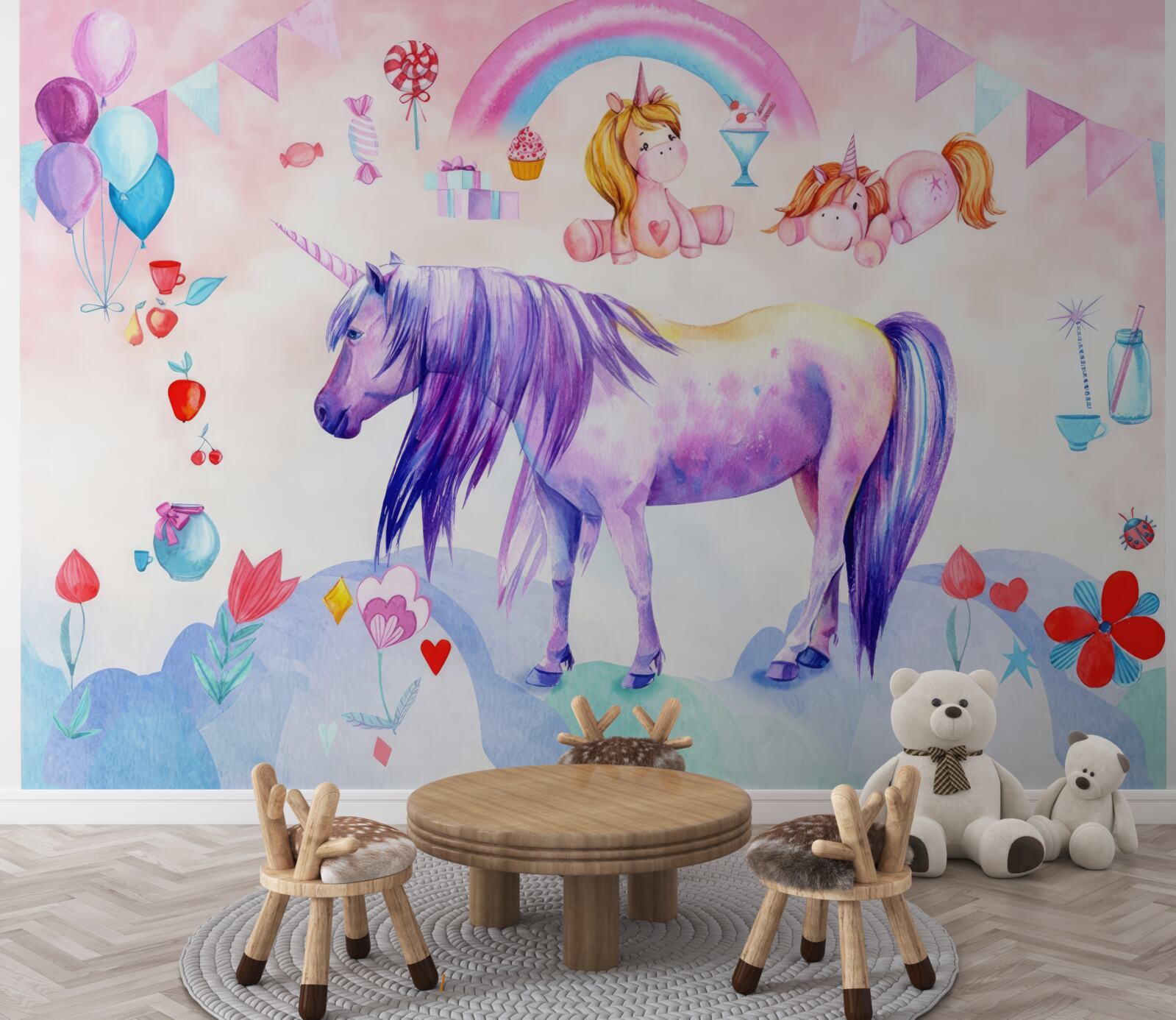 Fototapeten Einhörner umgeben von Regenbogen, Blumen und Geschenken