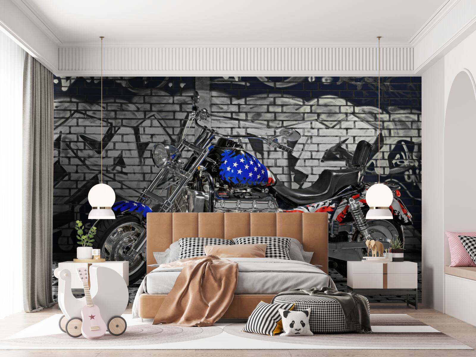 Fototapeten Ein Motorrad neben der bemalten Wand