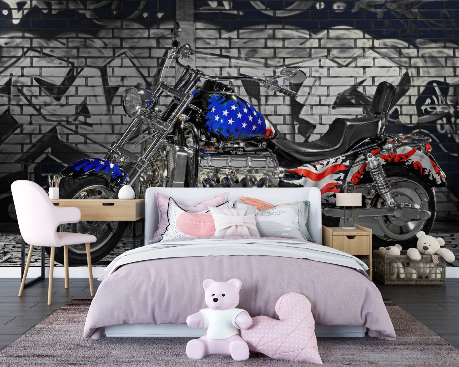 Fototapeten Ein Motorrad neben der bemalten Wand